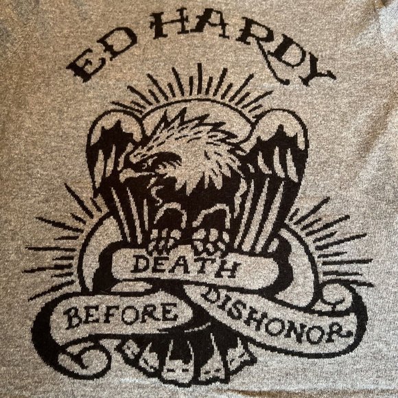 ED HARDY L Hooded Wool Blend Zip Knit Sweater Cardigan DEATH BEFORE DISH… - Picture 2 of 10